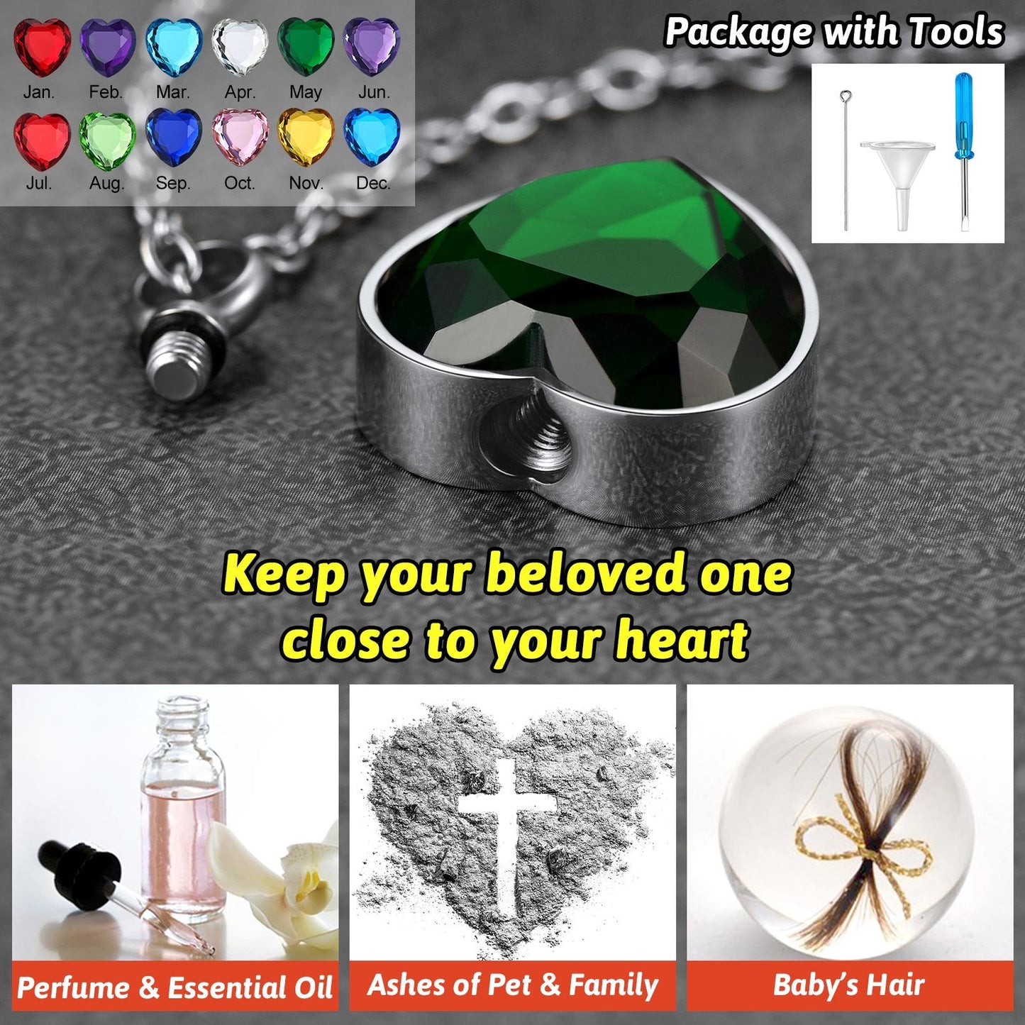 Personalized Cremation Heart Birthstone Urn Ashes Necklace for