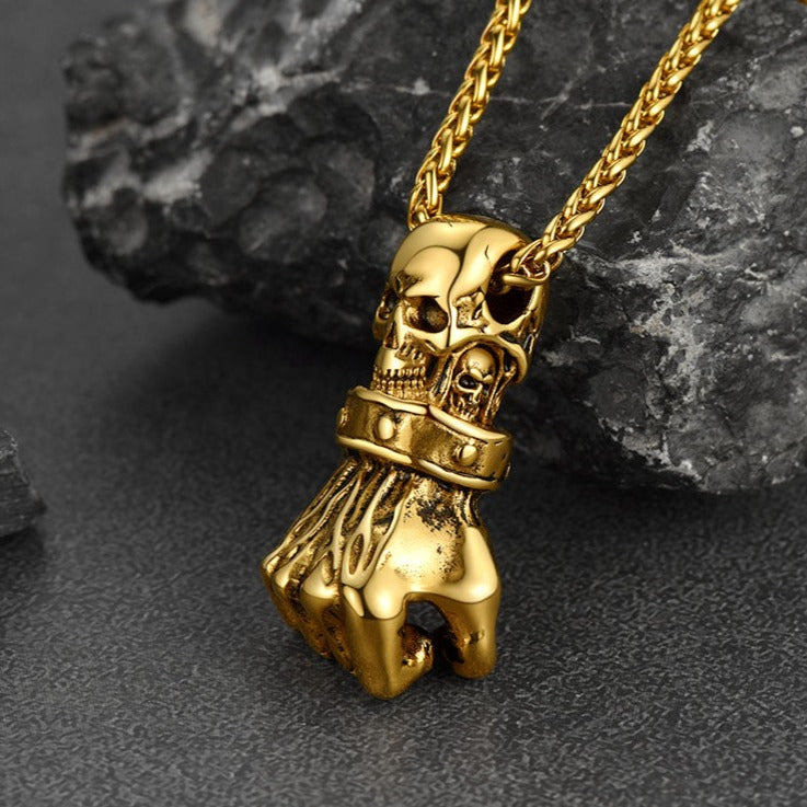 Flash Punk Skull Fist Pendant Necklace for