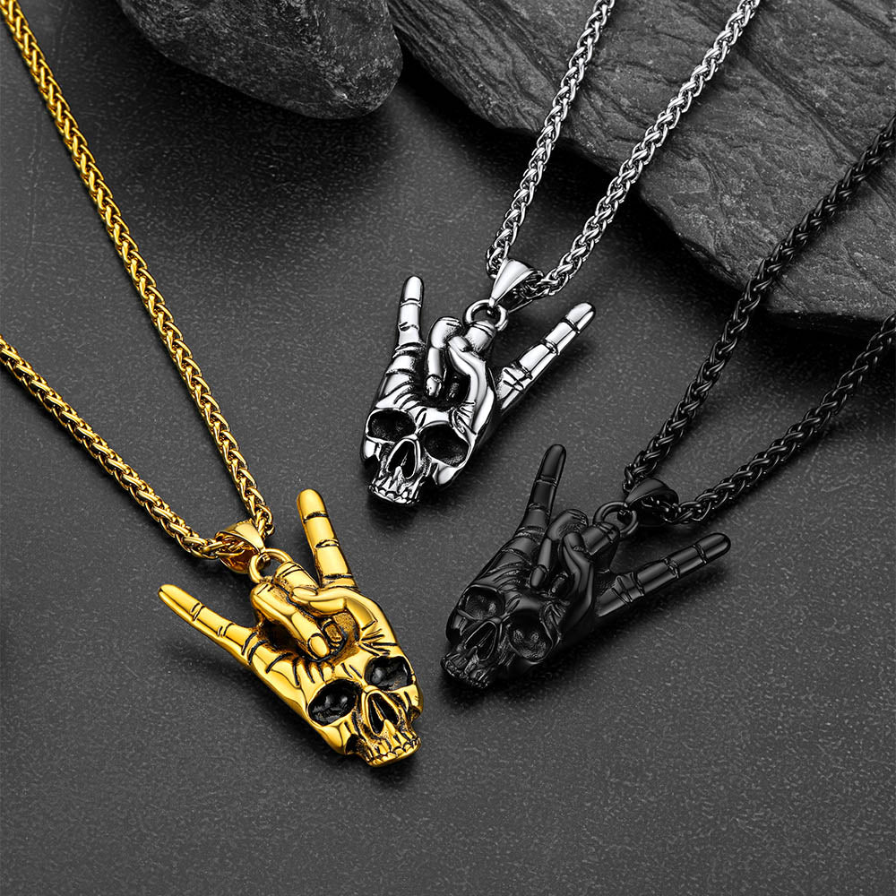 Rock Hand Skeleton Skull Necklace for