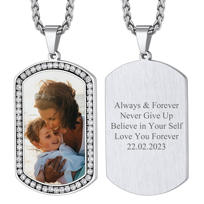 Customized Picture Dog Tag Necklace With Cubic Zirconia Memorial Gift for