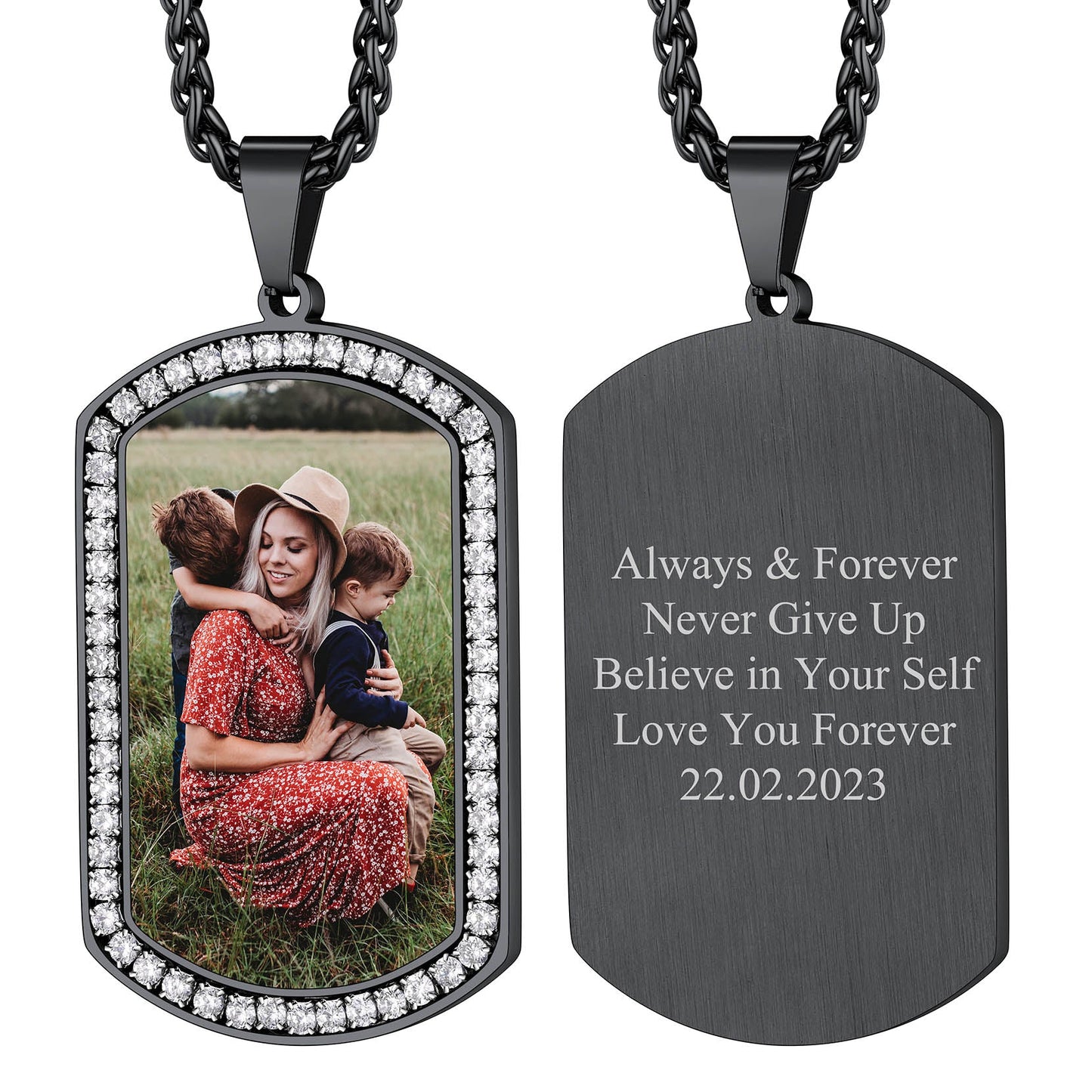Customized Picture Dog Tag Necklace With Cubic Zirconia Memorial Gift for