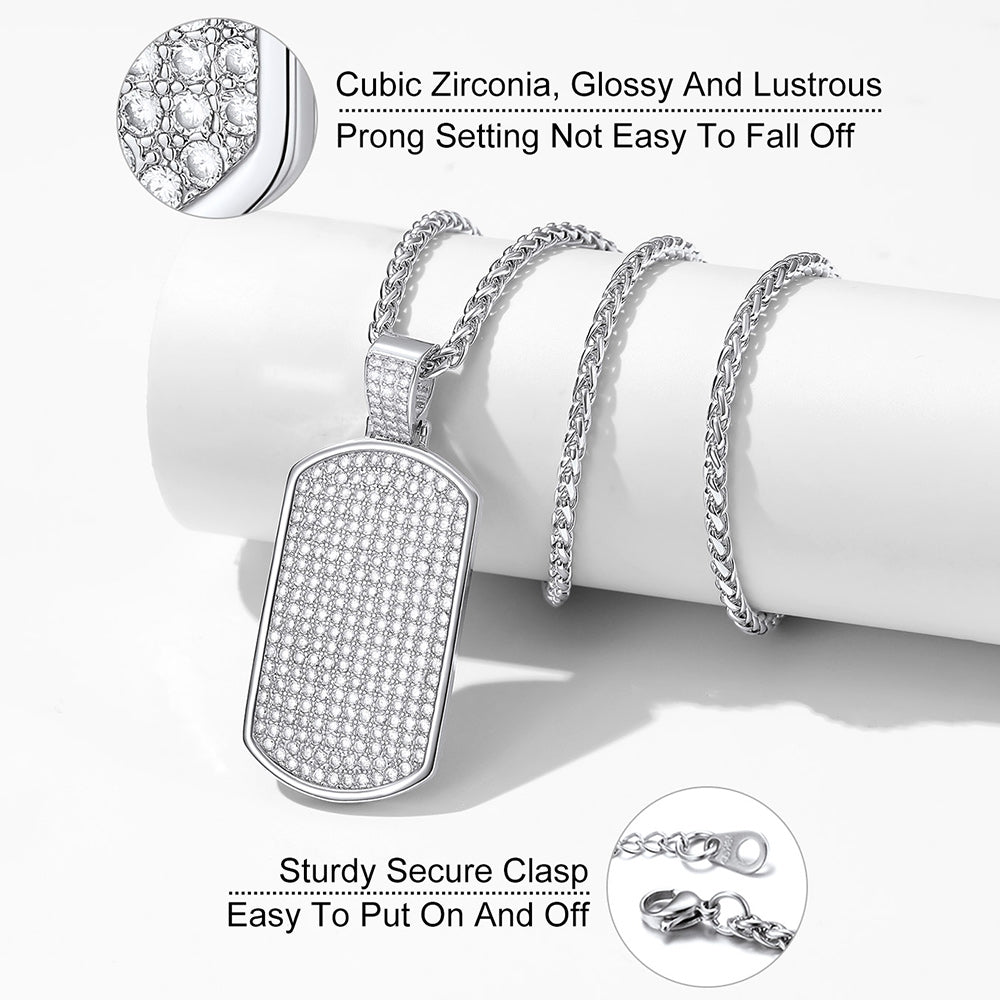 Stainless Steel Diamond Dog Tag Pendant Necklace for