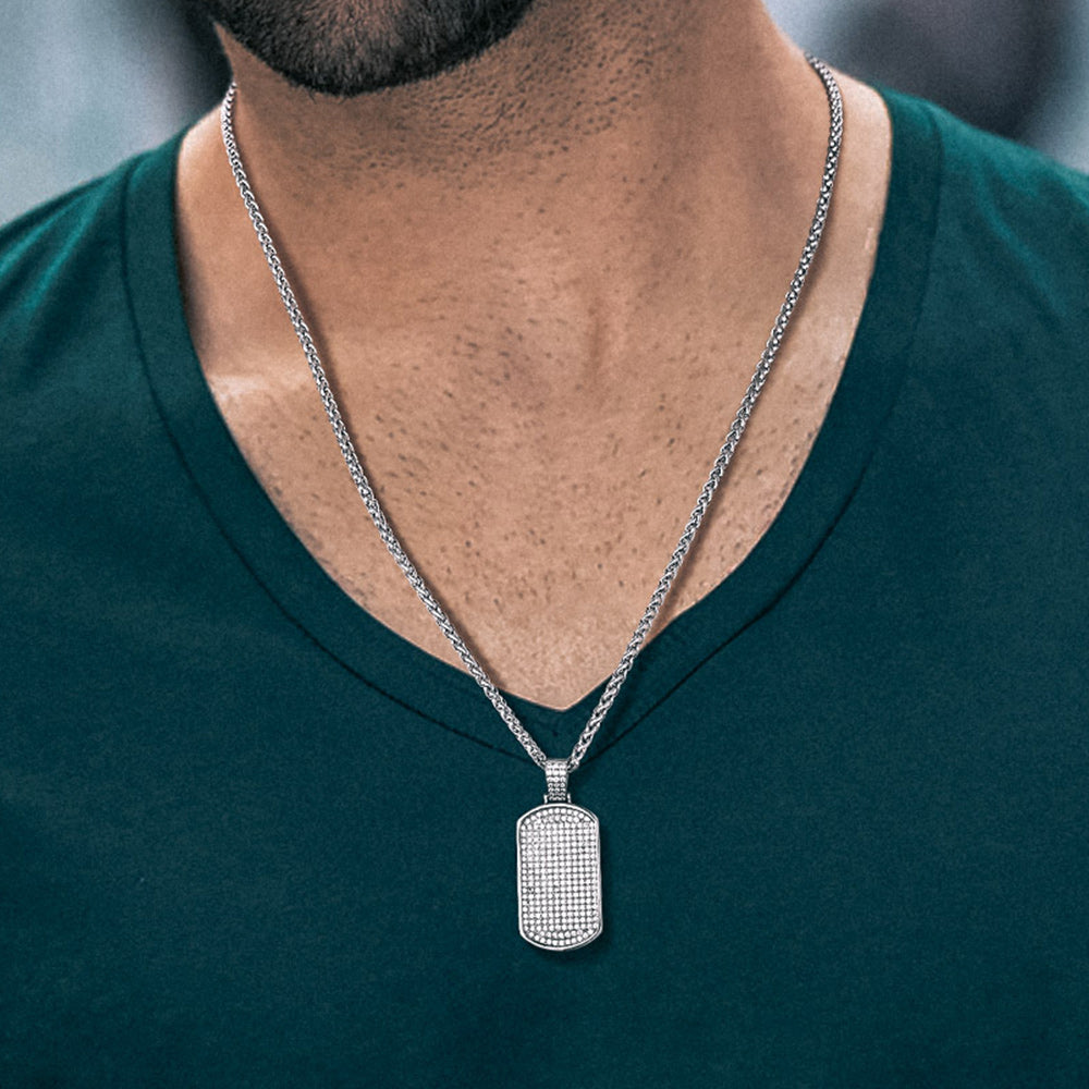 Stainless Steel Diamond Dog Tag Pendant Necklace for