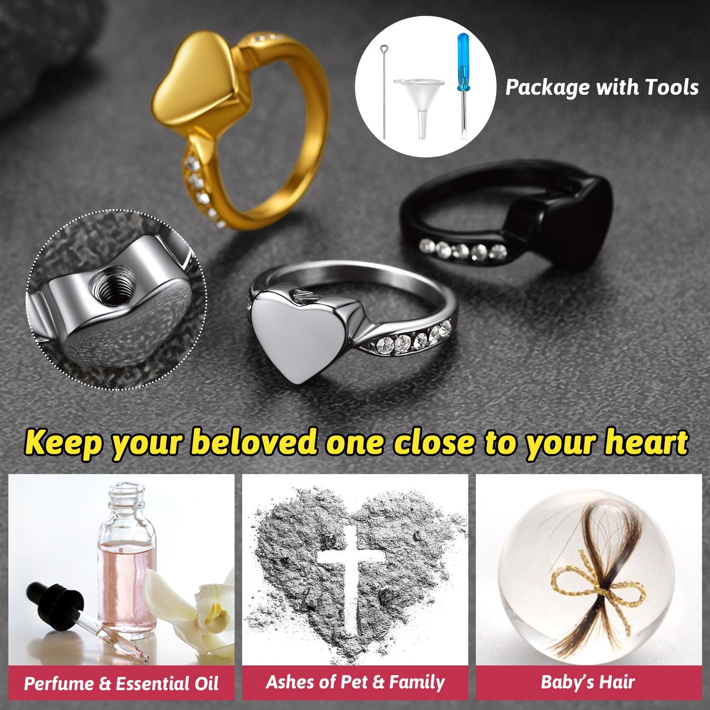 Custom Memorial Heart Cremation Urn Ashes Ring for