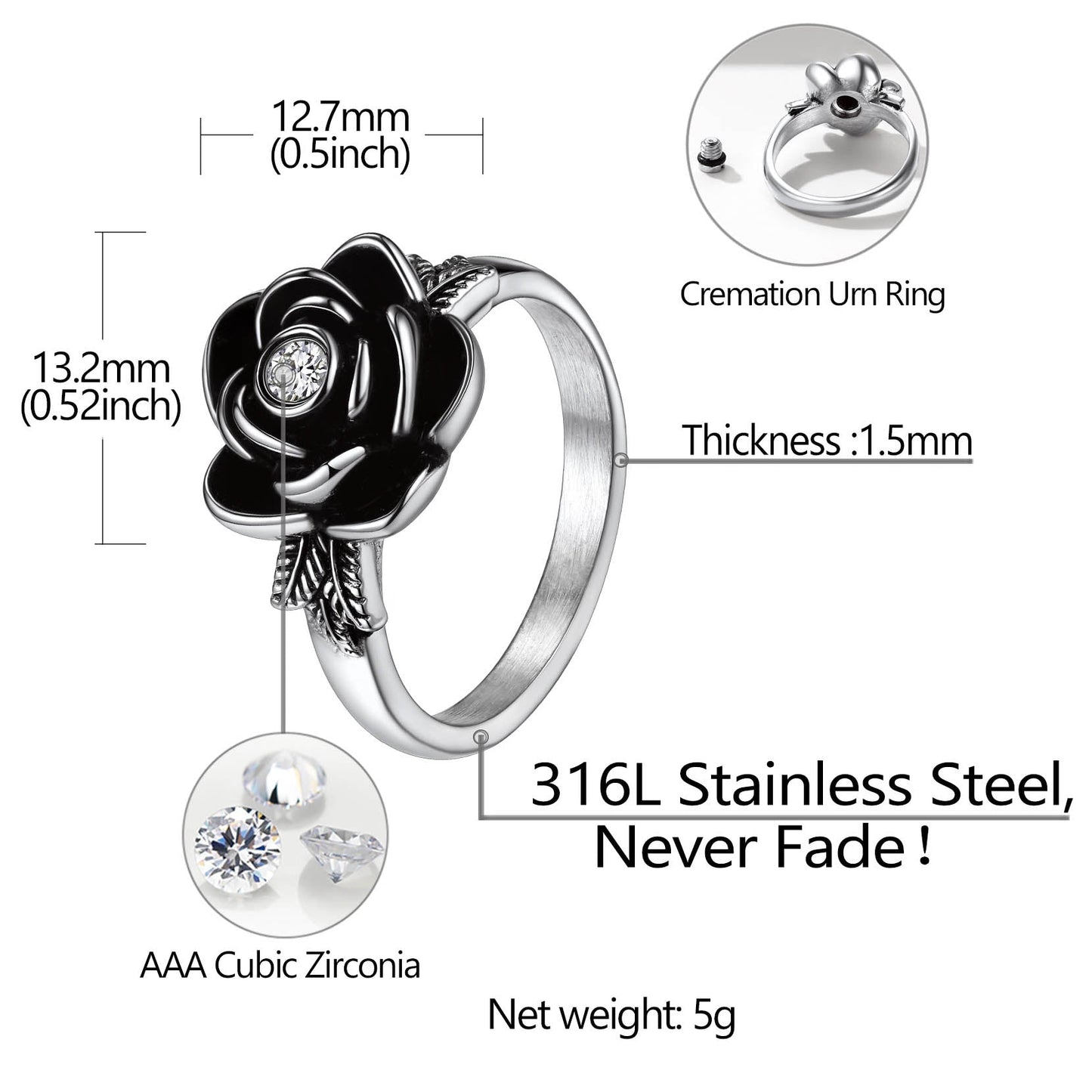 Personalized Cremation Rose Urn Ashes Ring With Birthstone for