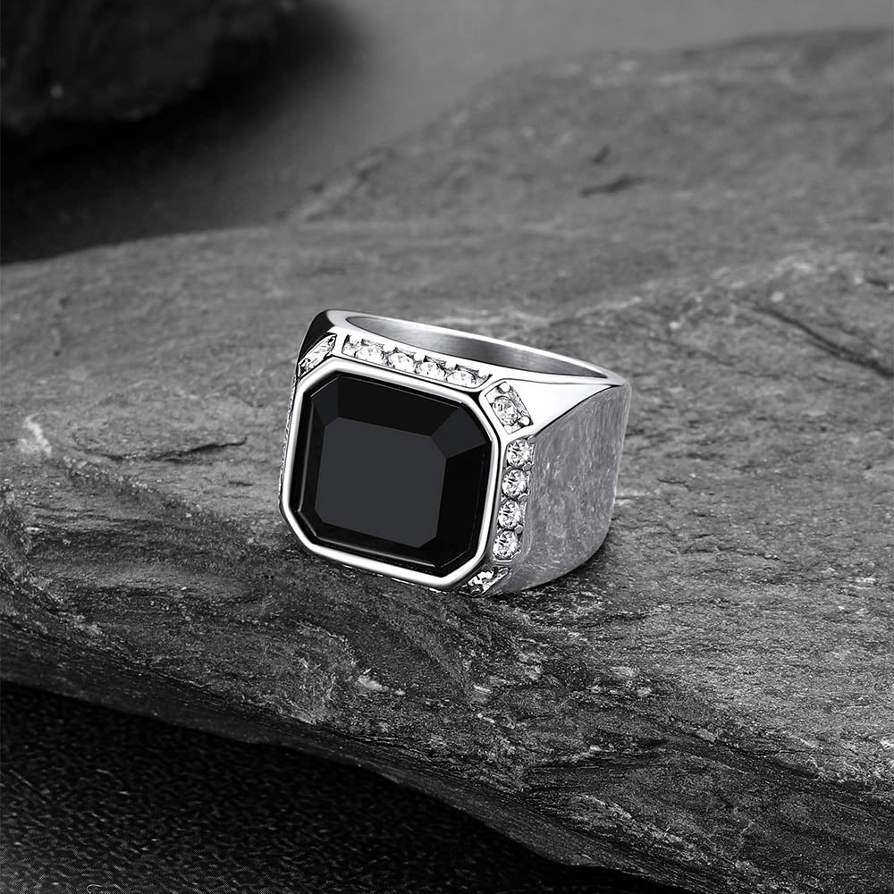 Rhinestones Embrace Black Onyx Stainless Steel Ring
