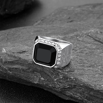 Rhinestones Embrace Black Onyx Stainless Steel Ring