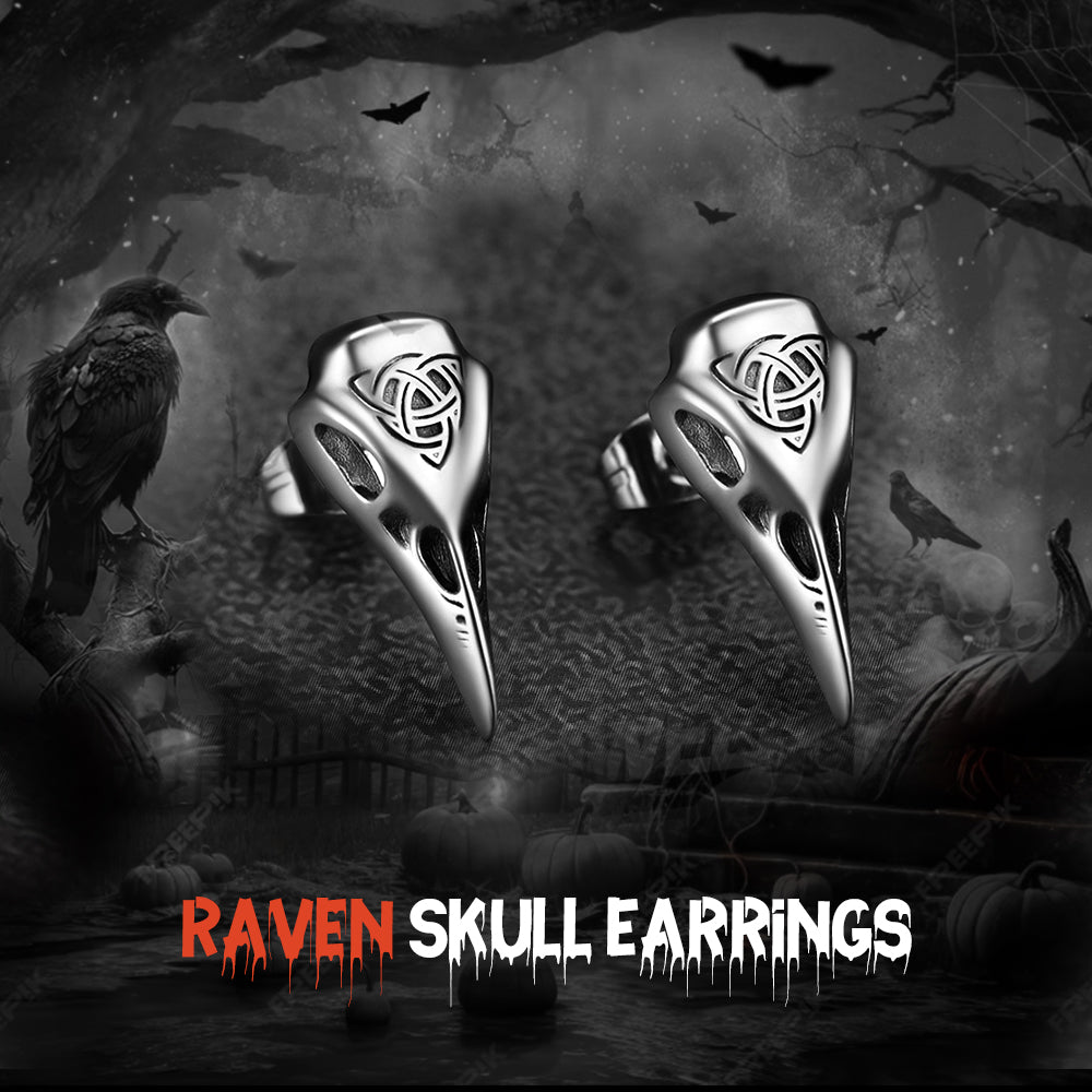 Viking Raven Skull Earrings Studs With Celtic Knot for