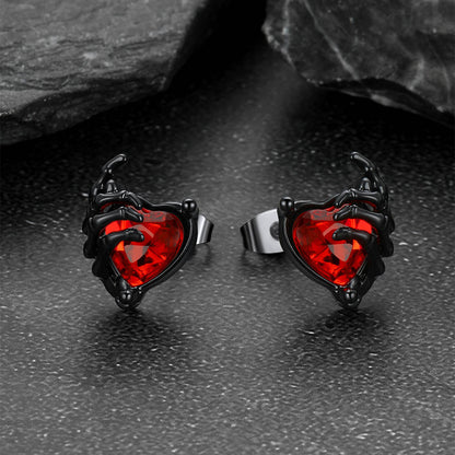 Gothic Black Ruby Heart Skull Hand Stud Earrings for