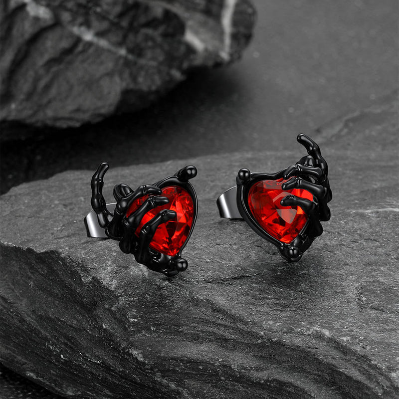 Gothic Black Ruby Heart Skull Hand Stud Earrings for