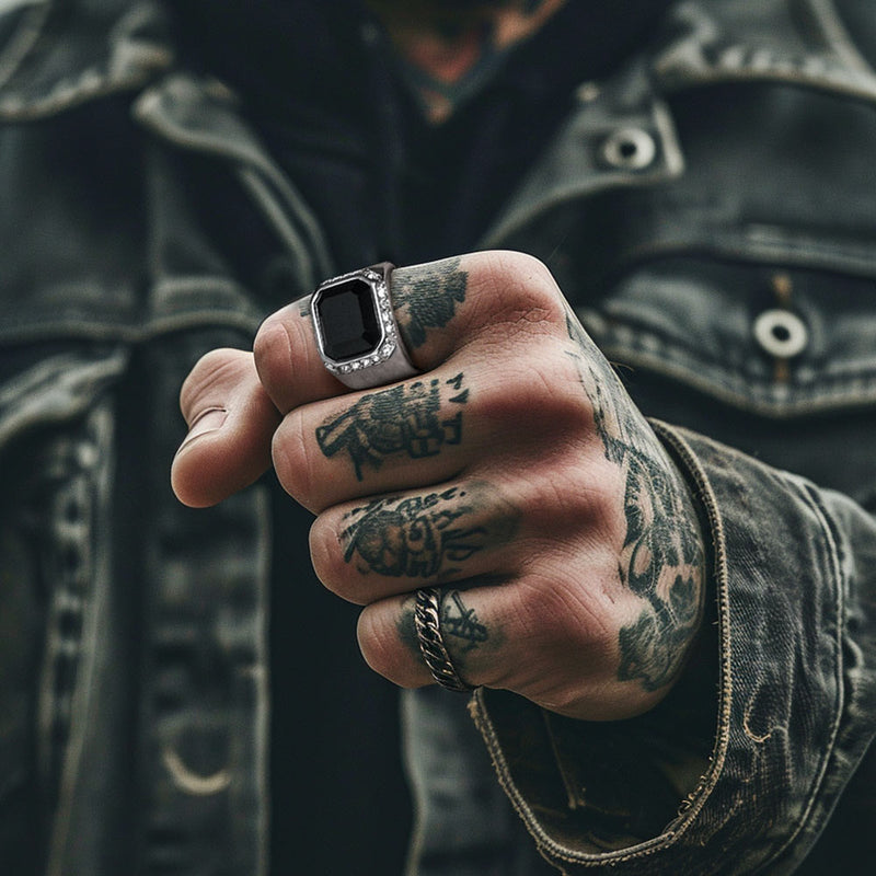 Rhinestones Embrace Black Onyx Stainless Steel Ring