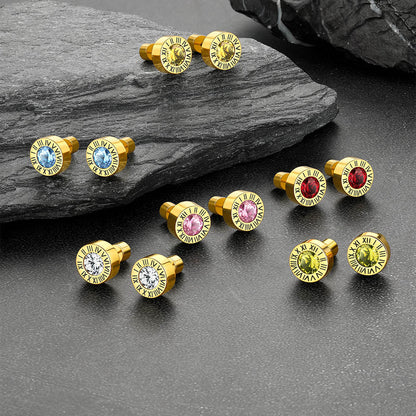 Roman Numerals Birthstone Studs Earrings in Stainless Steel