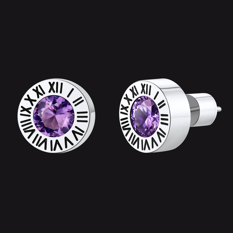 Roman Numerals Birthstone Studs Earrings in Stainless Steel