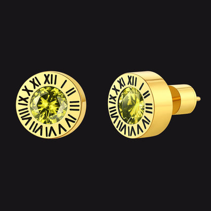 Roman Numerals Birthstone Studs Earrings in Stainless Steel