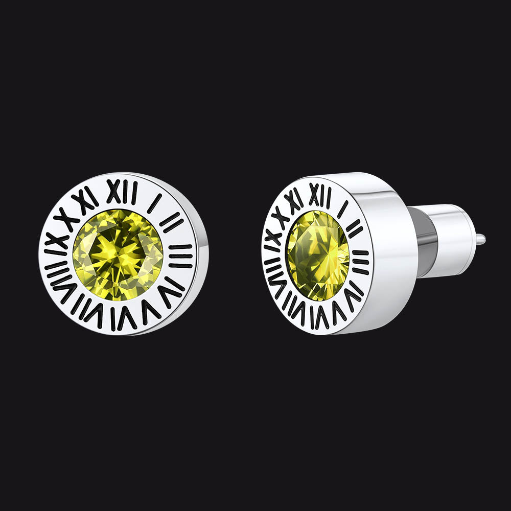 Roman Numerals Birthstone Studs Earrings in Stainless Steel