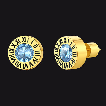 Roman Numerals Birthstone Studs Earrings in Stainless Steel