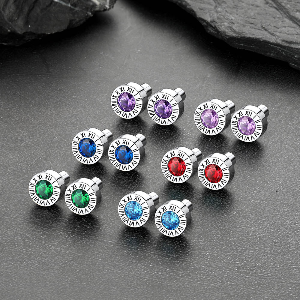 Roman Numerals Birthstone Studs Earrings in Stainless Steel