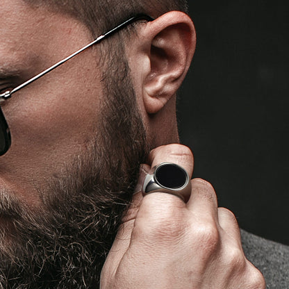 Round Black Onyx Signet Ring for Stainless Steel