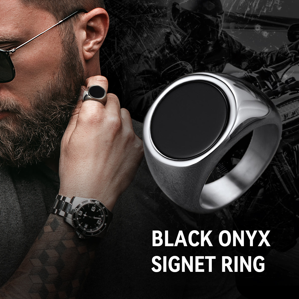 Round Black Onyx Signet Ring for Stainless Steel