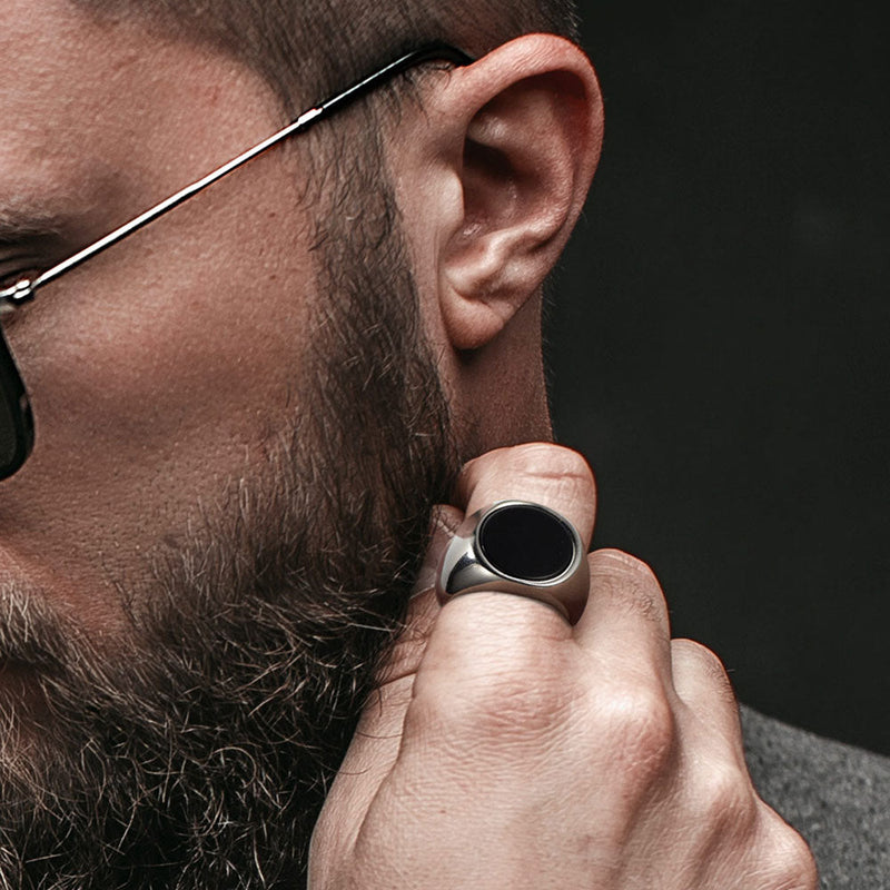 Round Black Onyx Signet Ring for Stainless Steel
