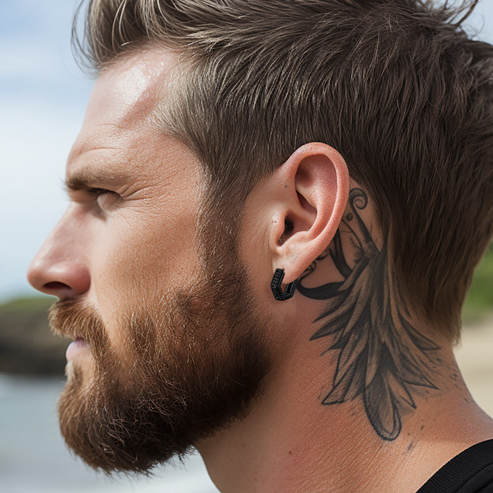 Viking Runes Hexagon Huggie Hoop Earrings for