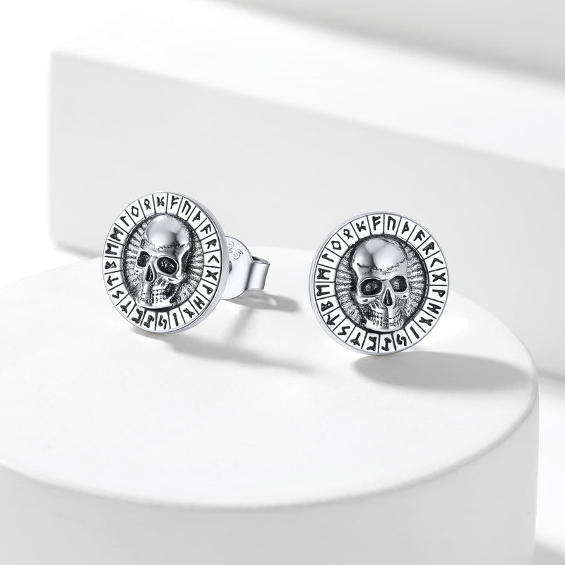 Sterling Silver Runes Skull Earrings Studs for