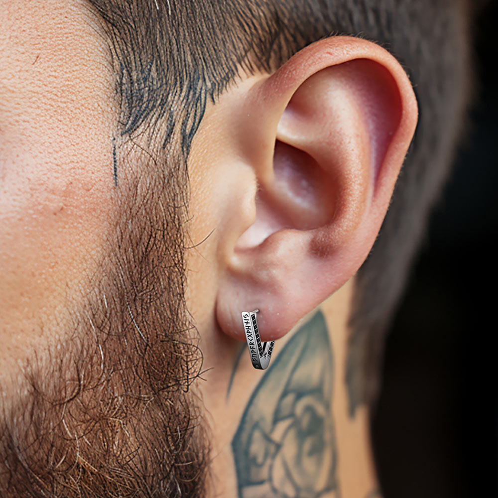 Sterling Silver Viking Triangle Huggie Hoop Earrings With Black Zirconia for