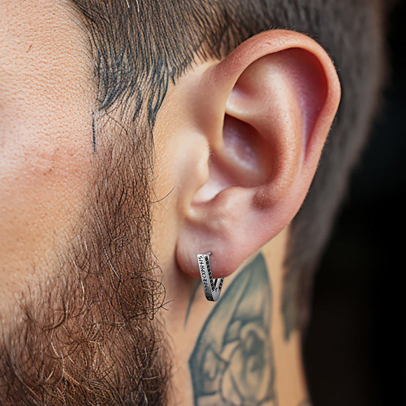 Sterling Silver Viking Triangle Huggie Hoop Earrings With Black Zirconia for