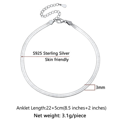 Sterling Silver Flat Snake Chain Anklet Bracelet for
