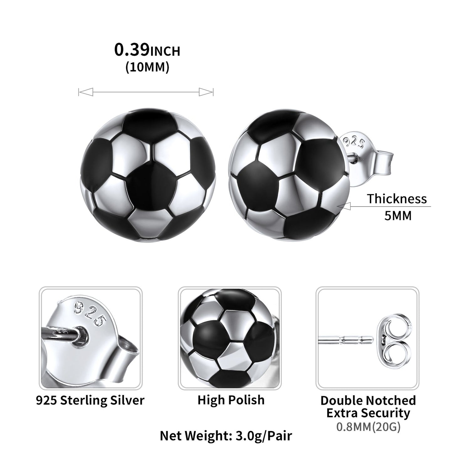 S925 Silver Sport 3d Soccer Ball Stud Earrings for Sport Fans