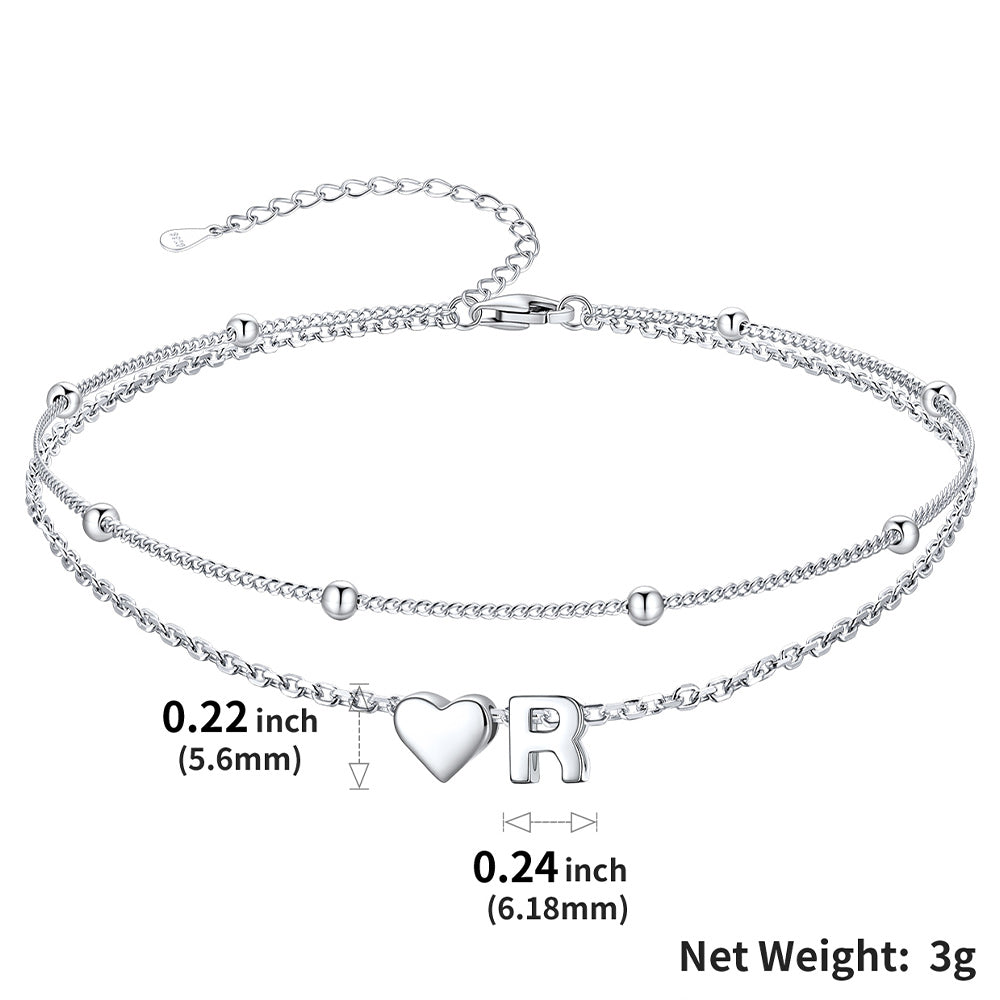 Sterling Silver Initial Heart Layered Anklet for
