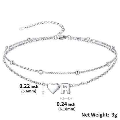 Sterling Silver Initial Heart Layered Anklet for