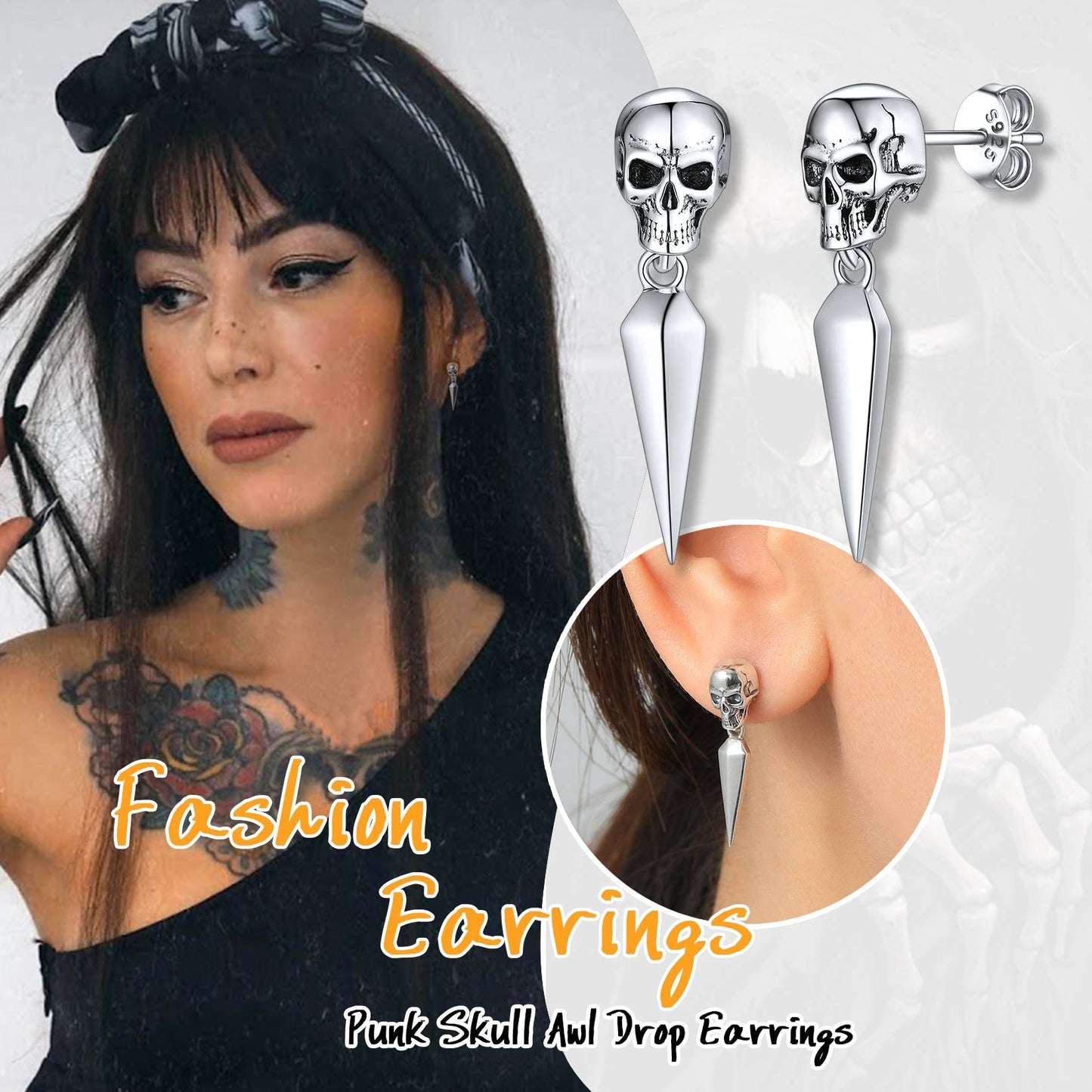 Sterling Silver Gothic Skull Dangle Stud Earrings for
