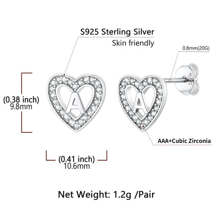 Silver Heart Initial Letter Stud Cubic Zirconia Earrings for Girl