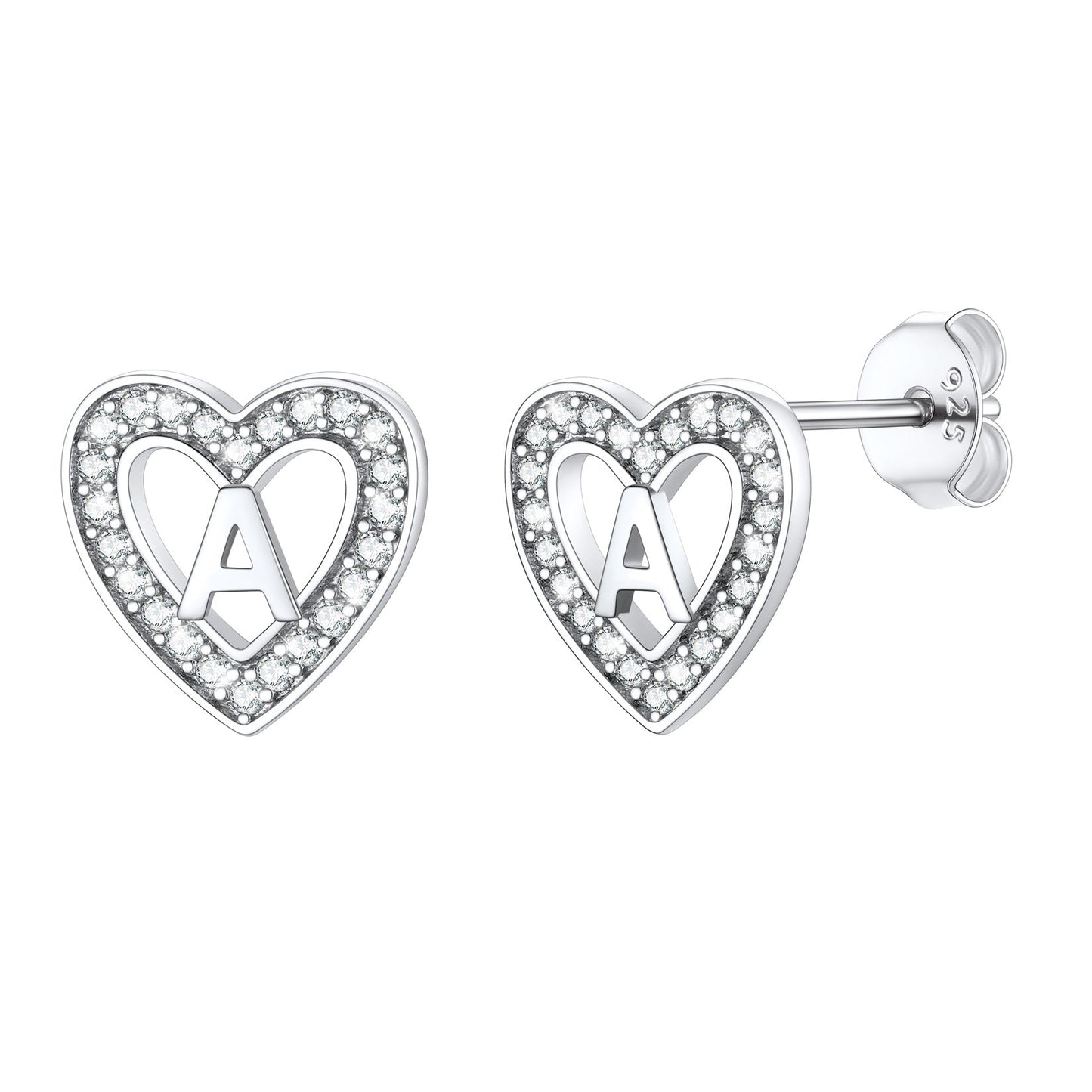 Silver Heart Initial Letter Stud Cubic Zirconia Earrings for Girl