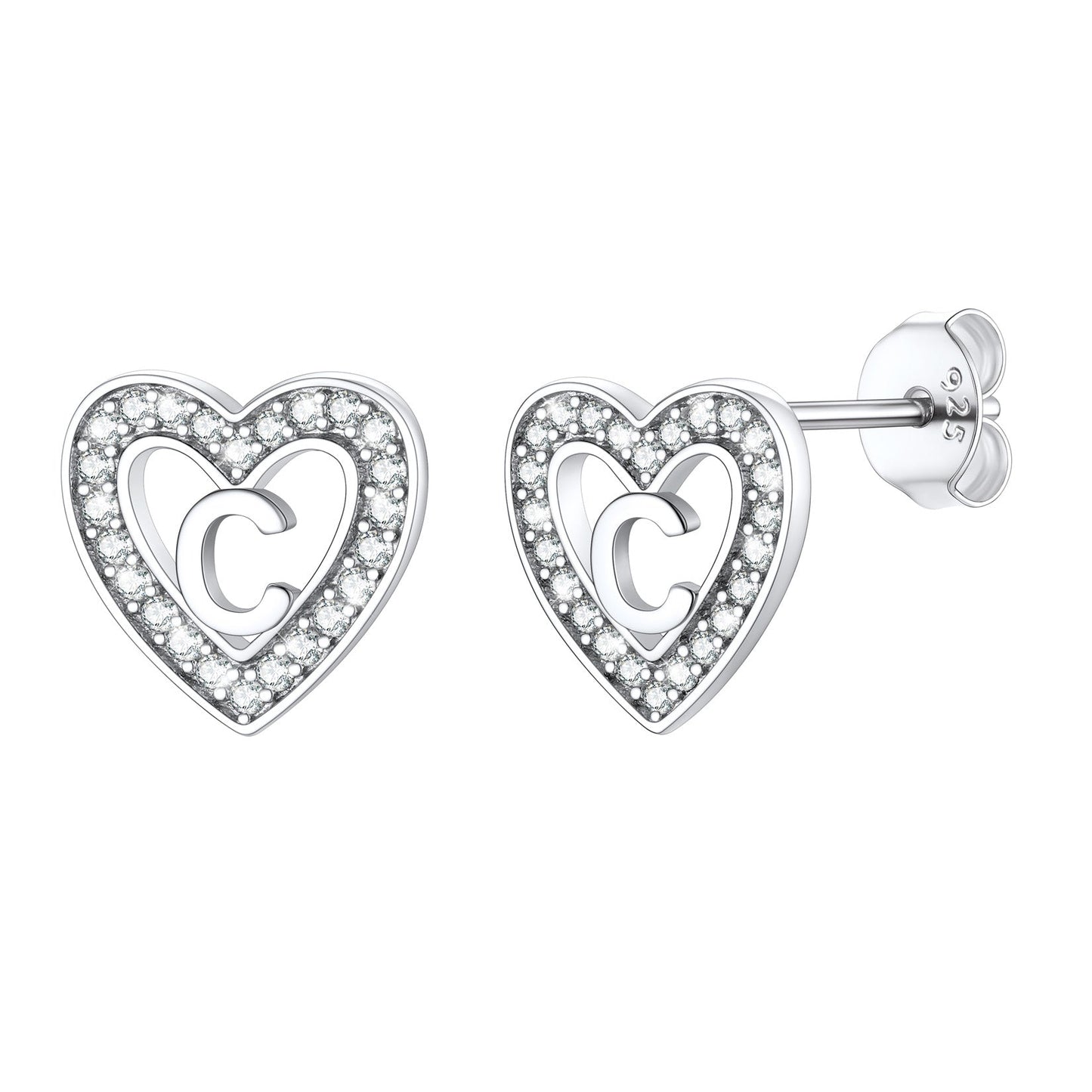 Silver Heart Initial Letter Stud Cubic Zirconia Earrings for Girl