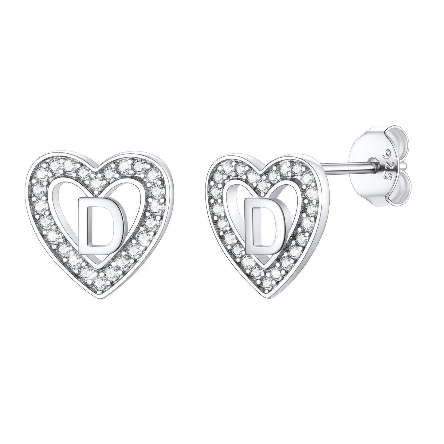 Silver Heart Initial Letter Stud Cubic Zirconia Earrings for Girl