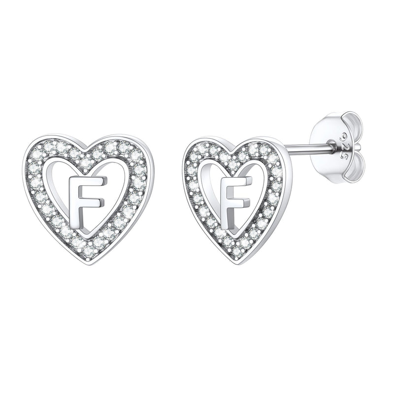 Silver Heart Initial Letter Stud Cubic Zirconia Earrings for Girl