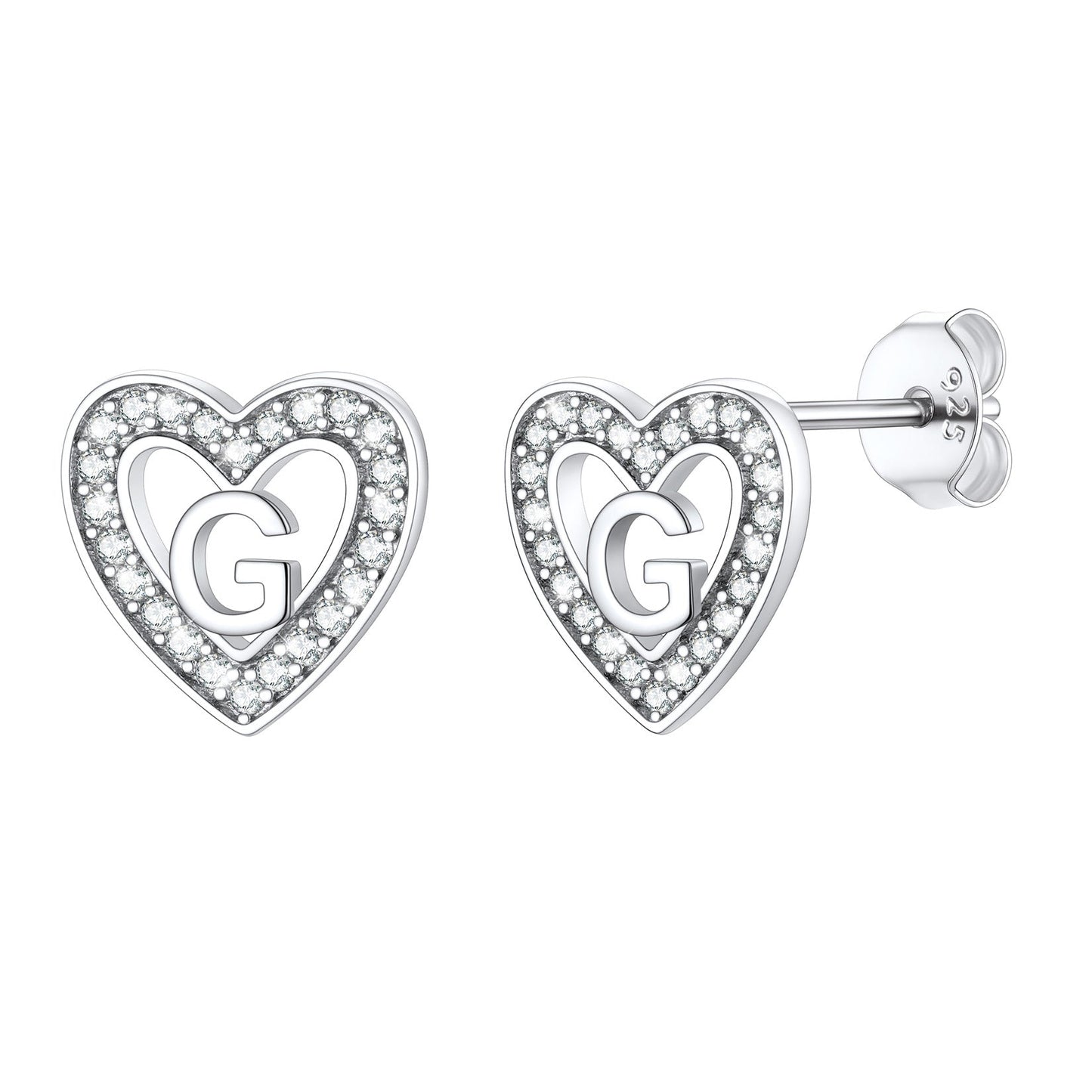 Silver Heart Initial Letter Stud Cubic Zirconia Earrings for Girl