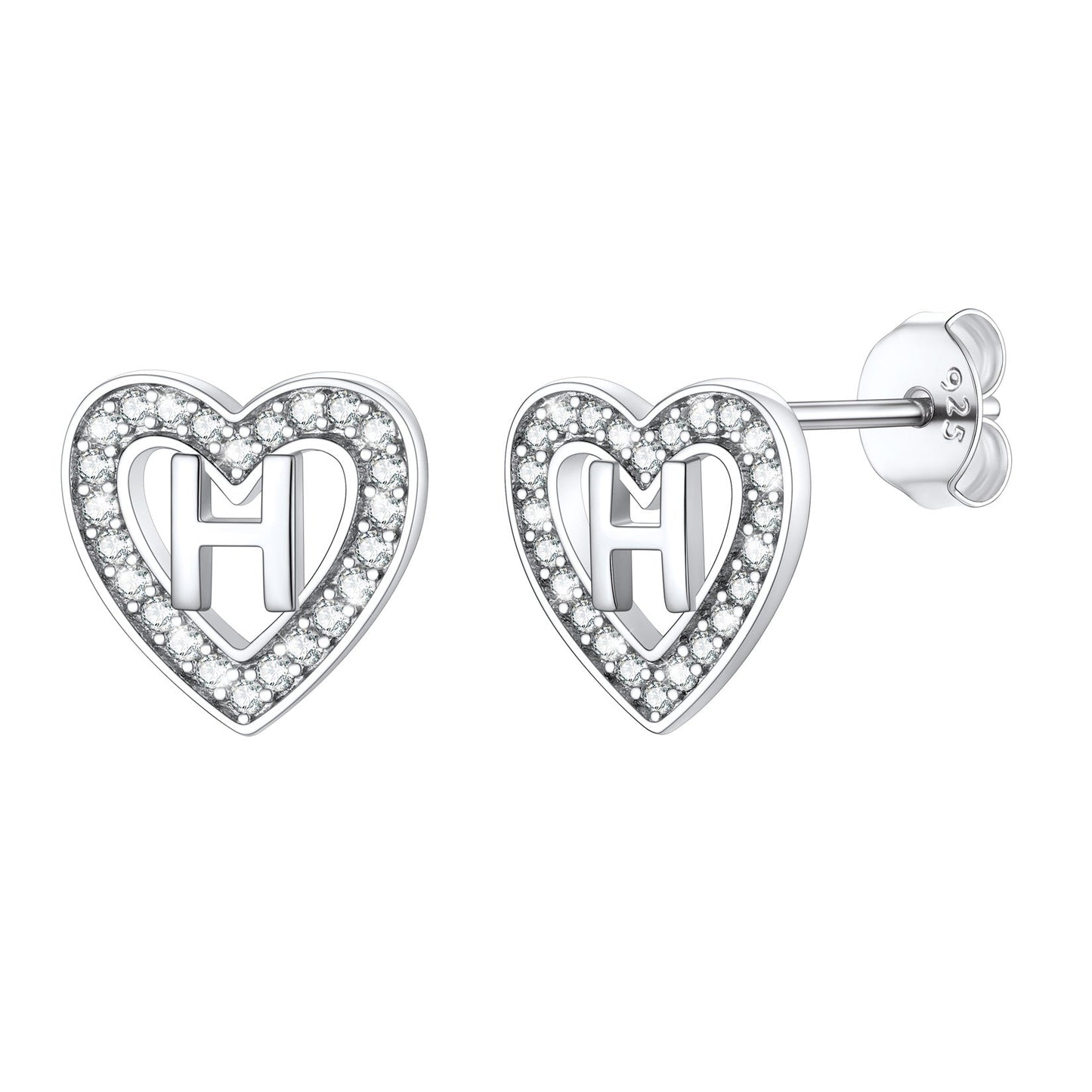 Silver Heart Initial Letter Stud Cubic Zirconia Earrings for Girl