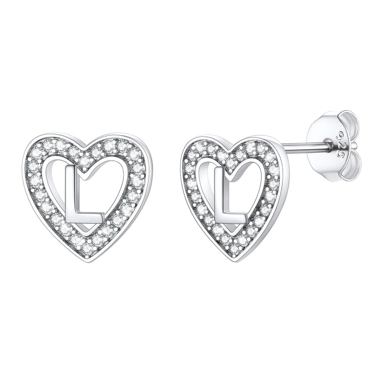 Silver Heart Initial Letter Stud Cubic Zirconia Earrings for Girl