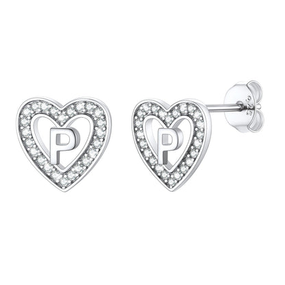 Silver Heart Initial Letter Stud Cubic Zirconia Earrings for Girl