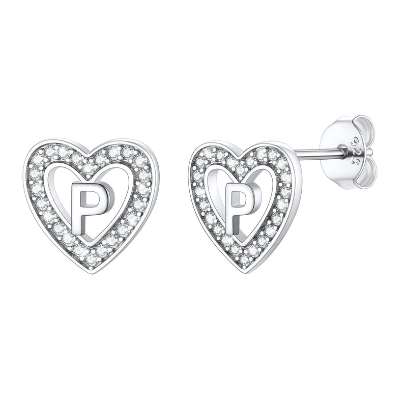 Silver Heart Initial Letter Stud Cubic Zirconia Earrings for Girl