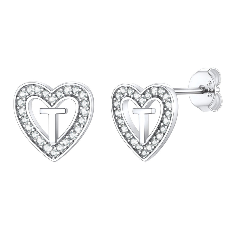 Silver Heart Initial Letter Stud Cubic Zirconia Earrings for Girl