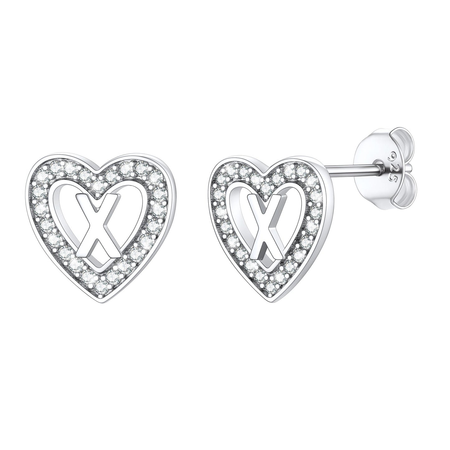 Silver Heart Initial Letter Stud Cubic Zirconia Earrings for Girl