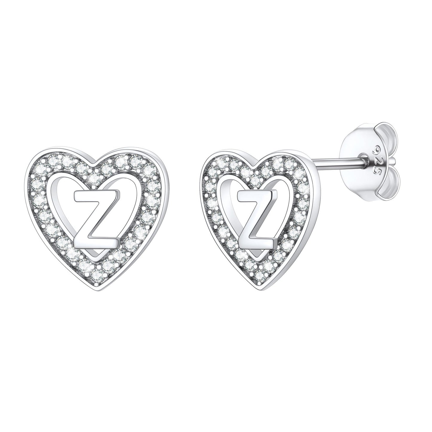 Silver Heart Initial Letter Stud Cubic Zirconia Earrings for Girl