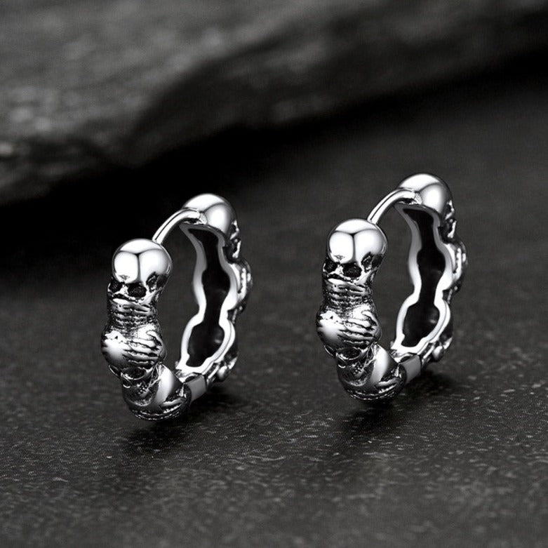Sterling Silver Skulls Hoop Huugie Earrings for