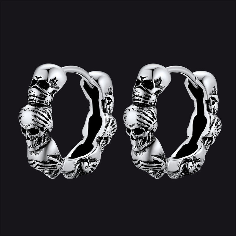 Sterling Silver Skulls Hoop Huugie Earrings for