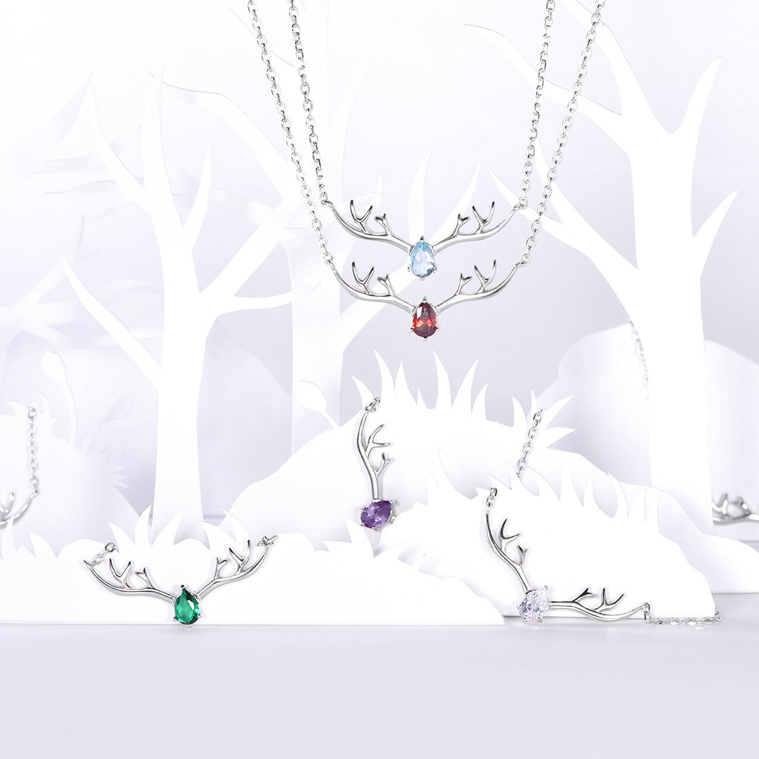 925 Sterling Silver Birthstone Deer Antler Necklace for