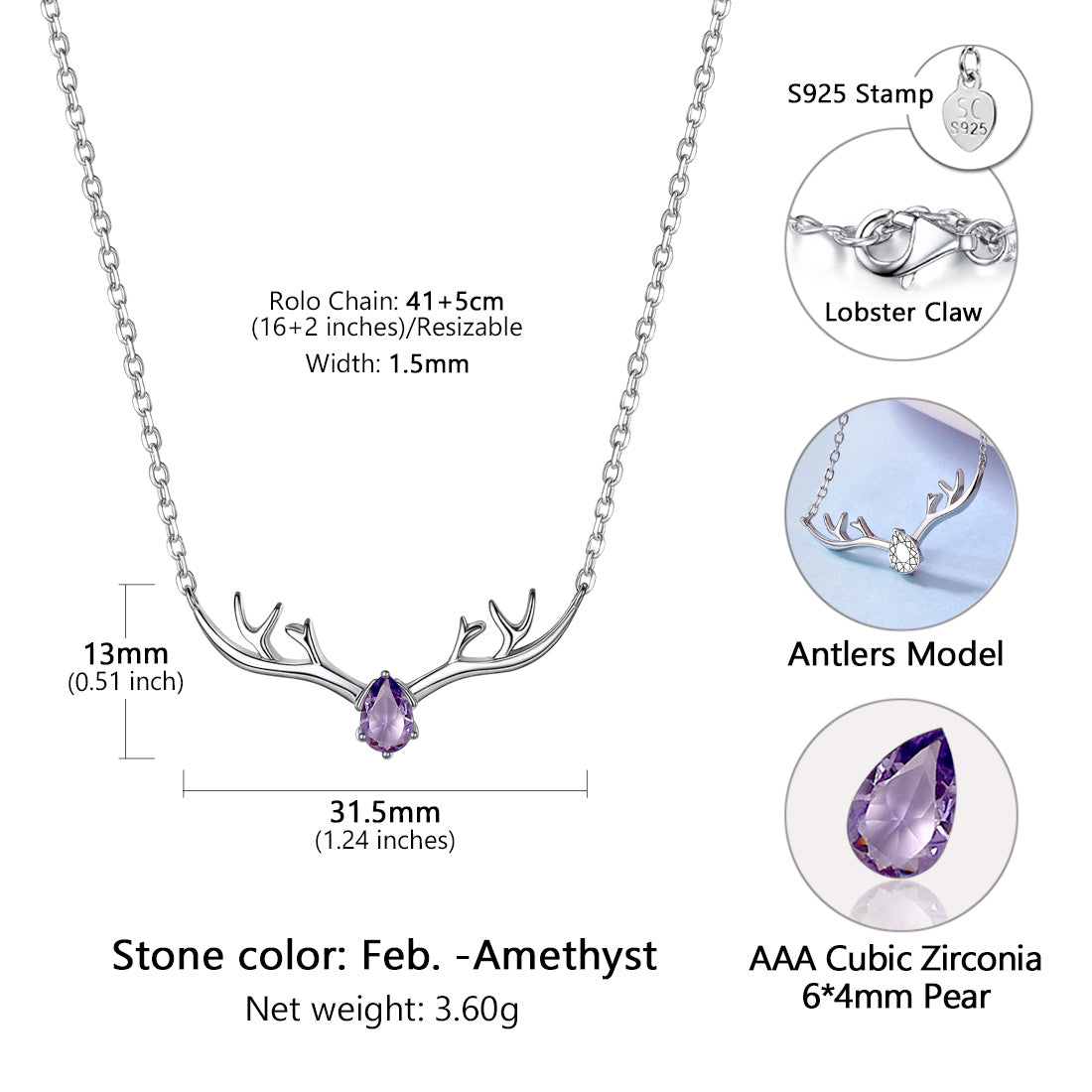 925 Sterling Silver Birthstone Deer Antler Necklace for